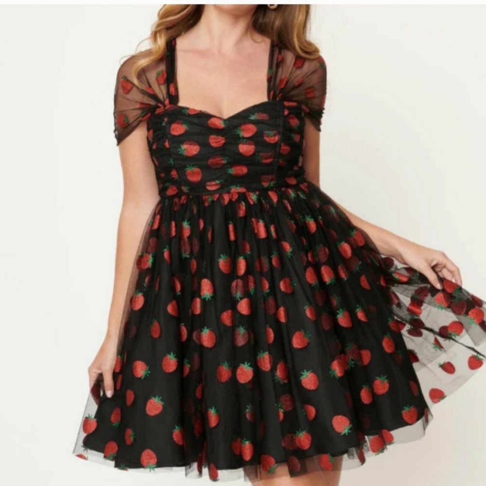 NWT Unique Vintage Glitter Strawberry Babydoll Dress Sz Large/10-12